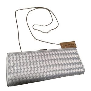 NEW La Regale Woven Satin Silver Clutch